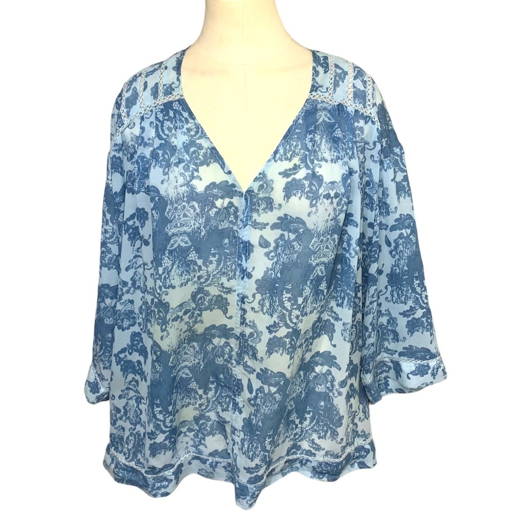 VINTAGE America Blues Boho Pullover Blouse Blue Paisley Floral Crochet Top Sz L